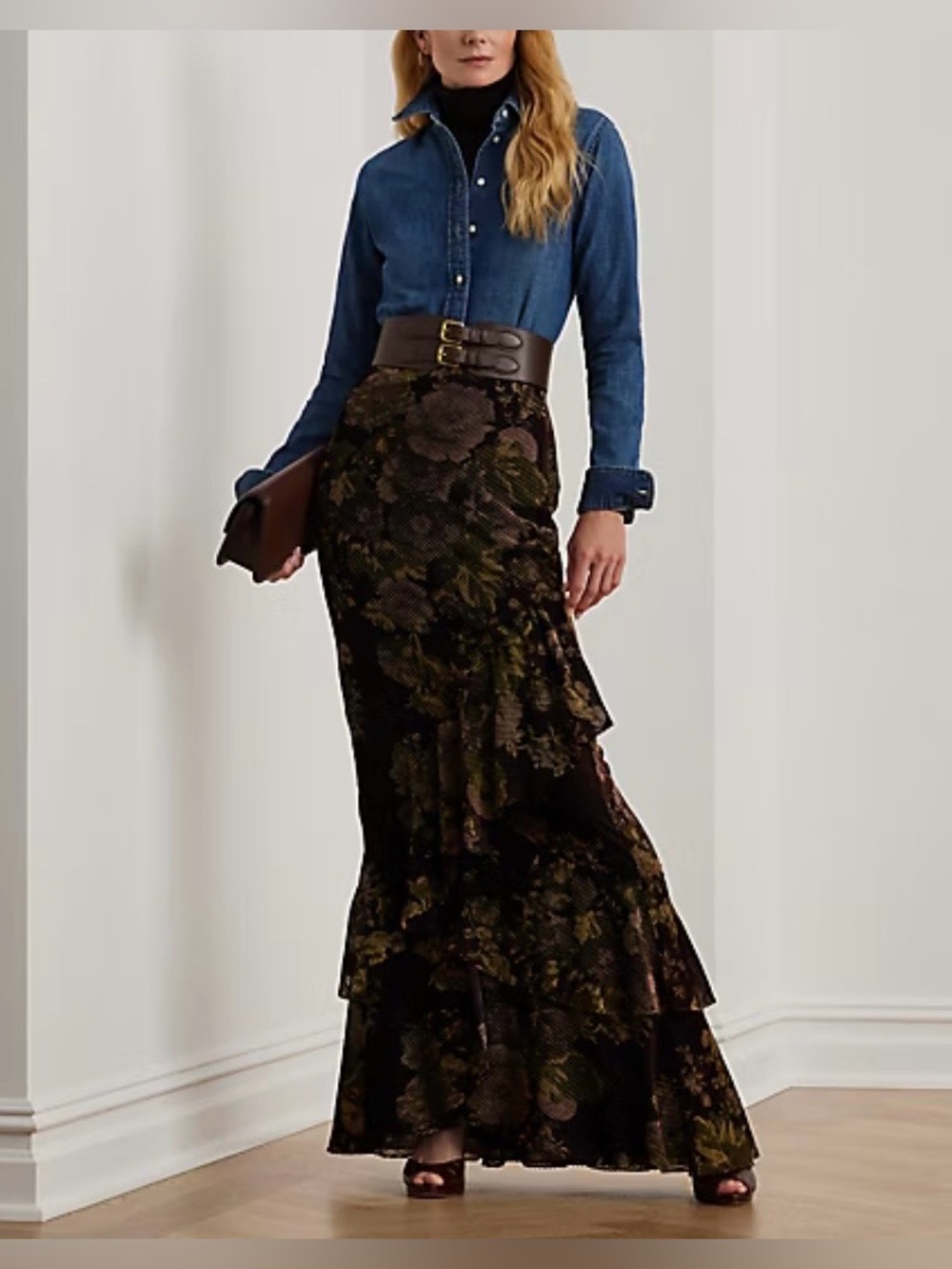 Lauren Ralph Lauren Floral Burnout Velvet Tiered Maxi Skirt Brown Sz 6 NWT